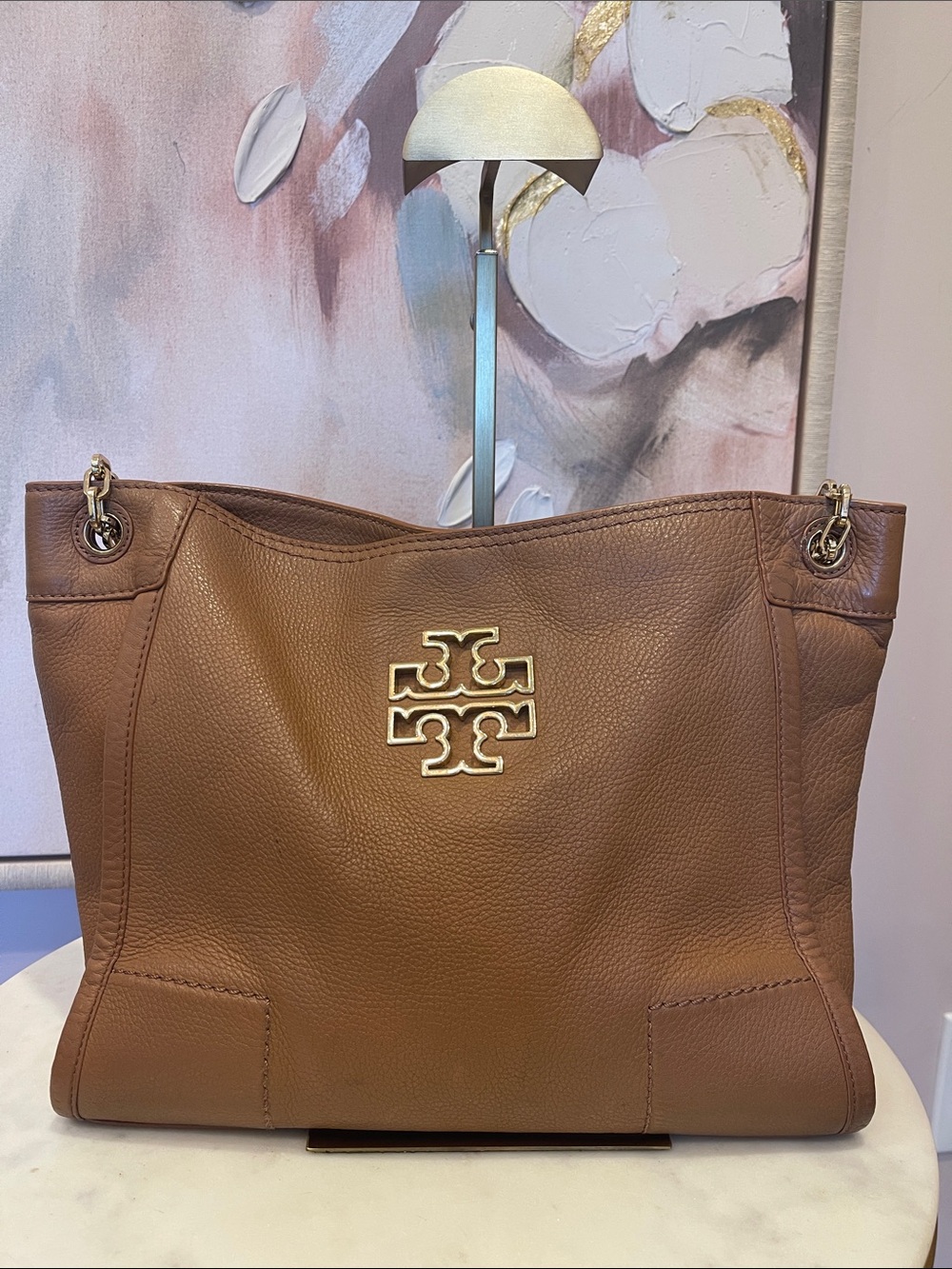 Tory Burch Tan Leather Shoulder Tote with Gold Logo